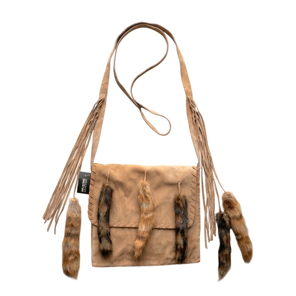 NWT Vtg Wilsons Leather Suede Fringe Crossbody Bag Y2K Boho Western Fur Tails